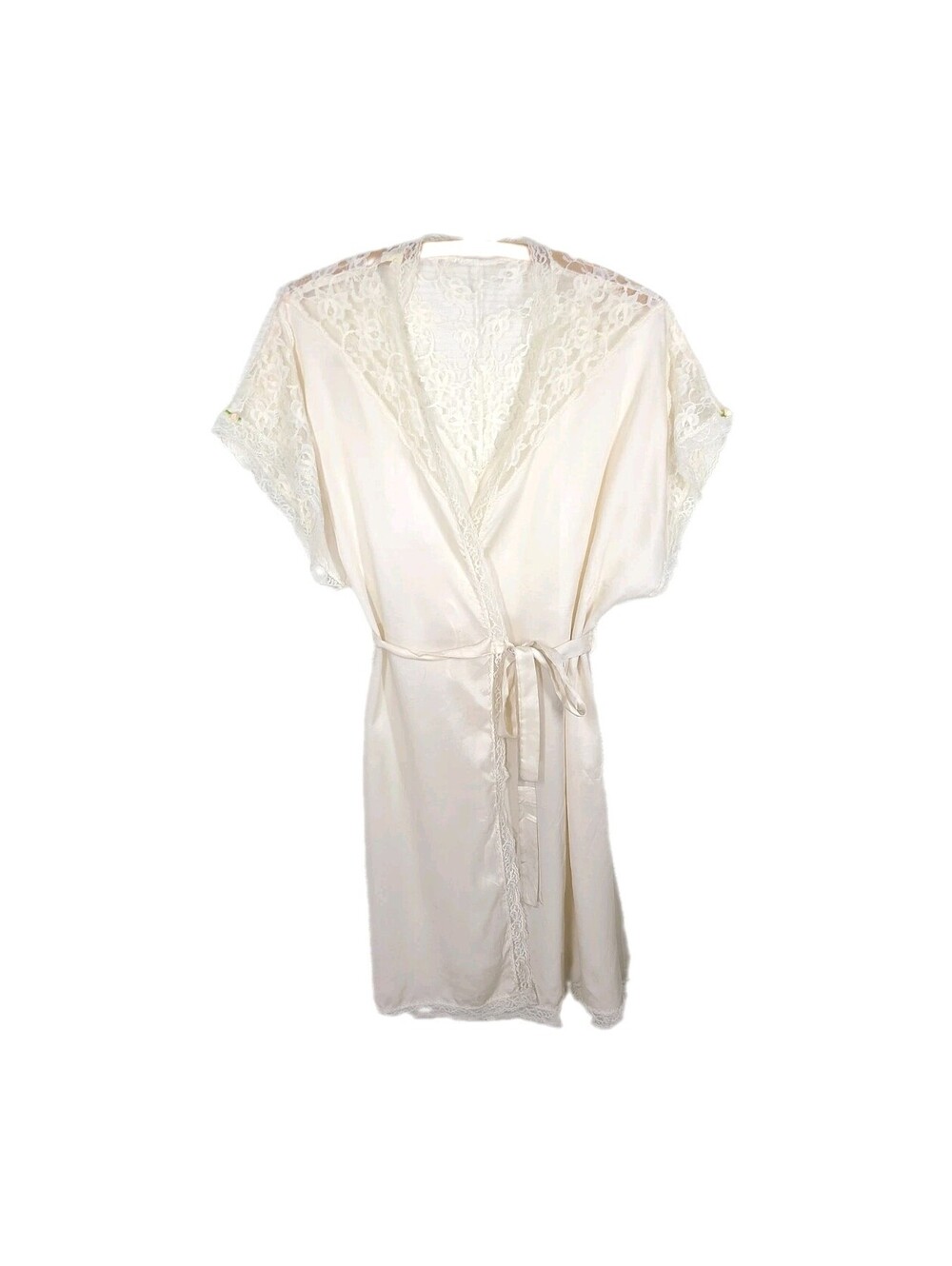 Vtg 70s Satin Robe Lace Insets O/S XL Rosettes Attached Sash Retro Disco Pinup